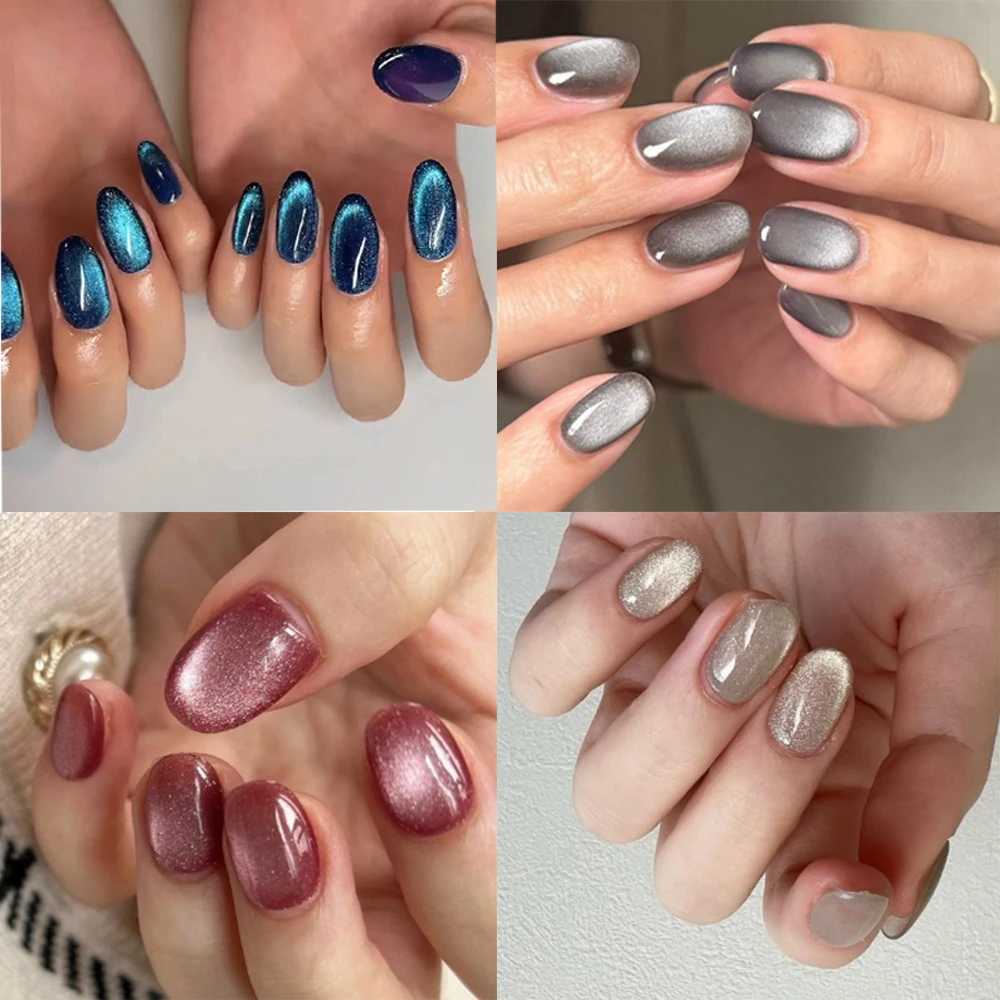 24 pieces/set of cat eye fake nails suitable for women red brown green blue gray sparkling short tips fake penis pressing fake nails W250410
