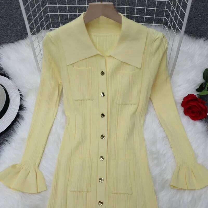 Winter Knitted Dress Women 2025 New Sleelve Ruffles Single Breasted Long Dresses Female Party Fashion Sweater Vestidos