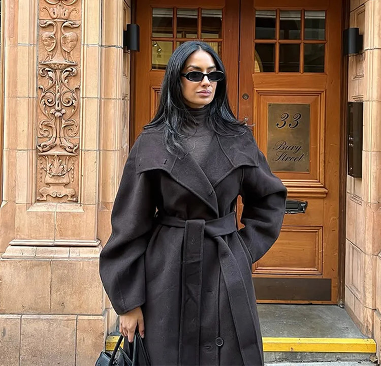 Casual Woolen Long Coat Women With Belt Stand Collar Single Breasted Full Sleeve Jacket Autumn Winter Solid Lady Outwears 251110