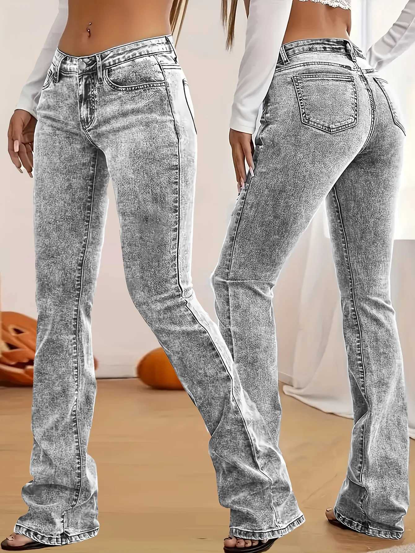 Fashion Womens Gray Low-Rise Slim Fit Bootcut Jeans Y2K Style Snow Wash Streetwear Elegant Denim Pants C251110