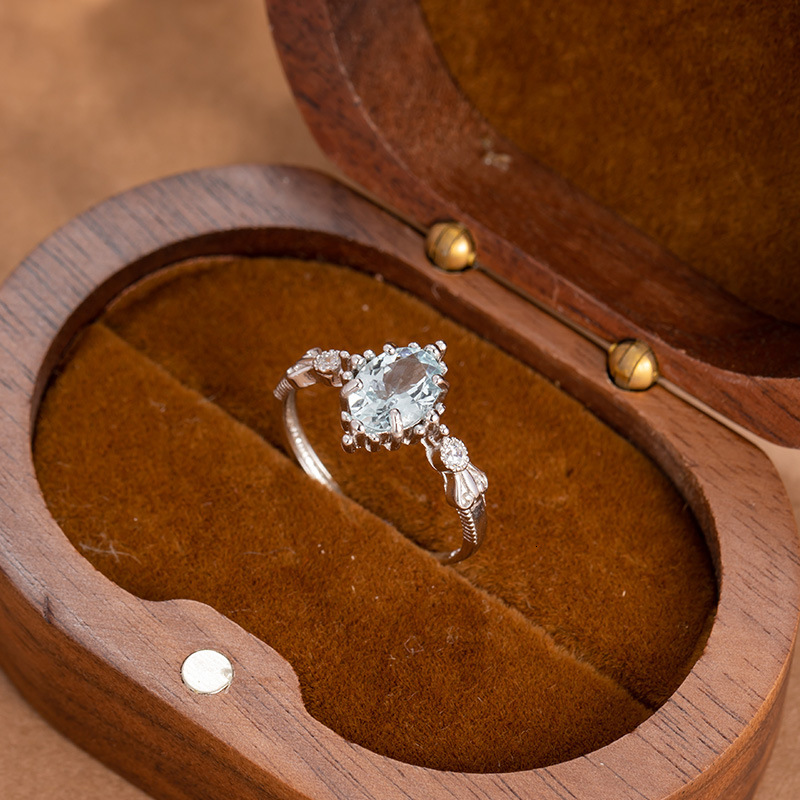 Natural Aquamarine S925 Pure Silver Ring Fashionable Women's Ring Designer Ring High-end Exquisite Design Inlaid Adjustable Women's Ring Jew