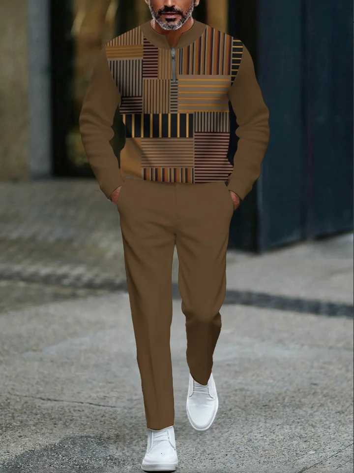 Mens Cross-Border Casual Two-Piece Set Stand Collar Half-Open Placket Top Pants Comfortable Breathable Perfect for Sports W251110