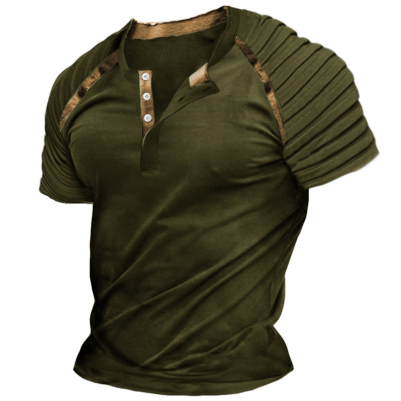 2025 New Summer Mens Sleeves Folded Short Sleeve T-shirt Mens Henry Collar Top