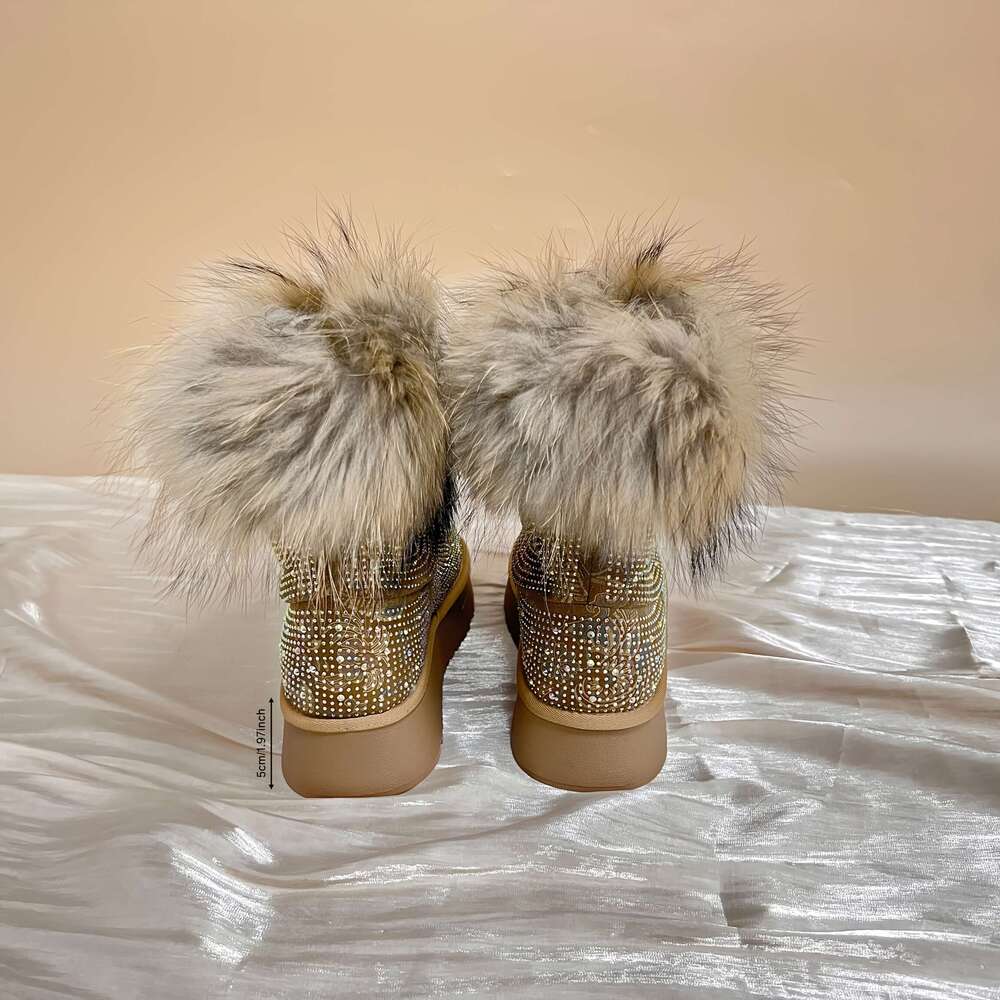 Women's Rhinestone Snow - Thick Sole Mid-Calf With Fluffy Trim, Glittery Round Toe Design, And Warm Insulation For Cold Weather, Winter Boots