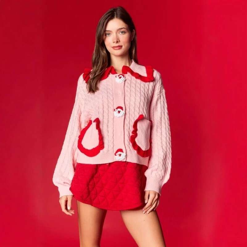 Doll Collar Lace Trim Casual Knit Sweater Women Soft Warm Long Sleeve Christmas Party Cozy Holiday Outfit Gift For Her Designer Sweater Women