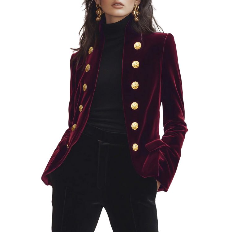Women's Elegant Velvet Blazer, Metal Double-Breasted Slim Fit Evening Coat, Wine Red---D359