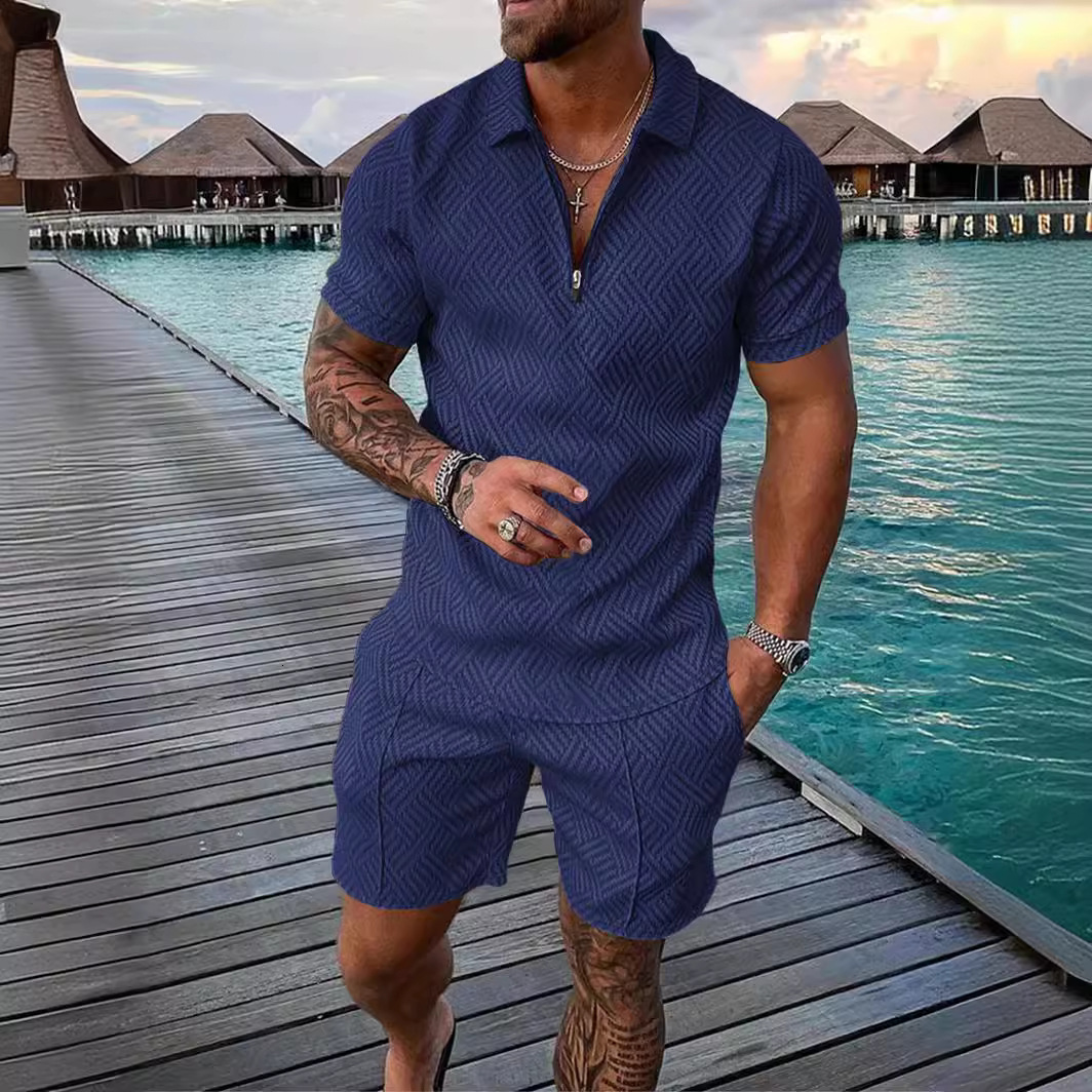 2025 mens new casual contrast Polo zipper Lapel short sleeve suit
