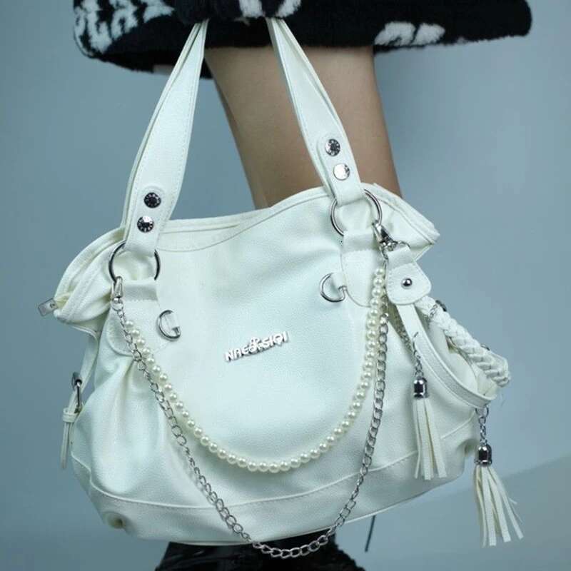 Ichme Y2k Women Tote Fashion Punk Moto Style Chains Tassel Shoulder Bags Beading Large Capacity Multi Pockets Bolso Mujer