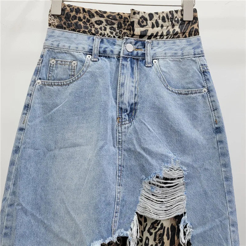 Womens denim skirt patch work leopard print irregular Aline high waisted long autumn fashion 250410