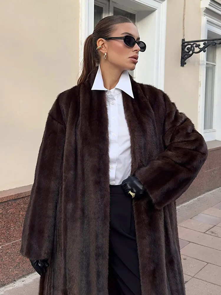Women Casual Brown Faux Fur Coat Turtleneck Full Sleeve Fluffy Loose Striped Long Coats Lady Winter Daily Street Lace Up Jacket 251110
