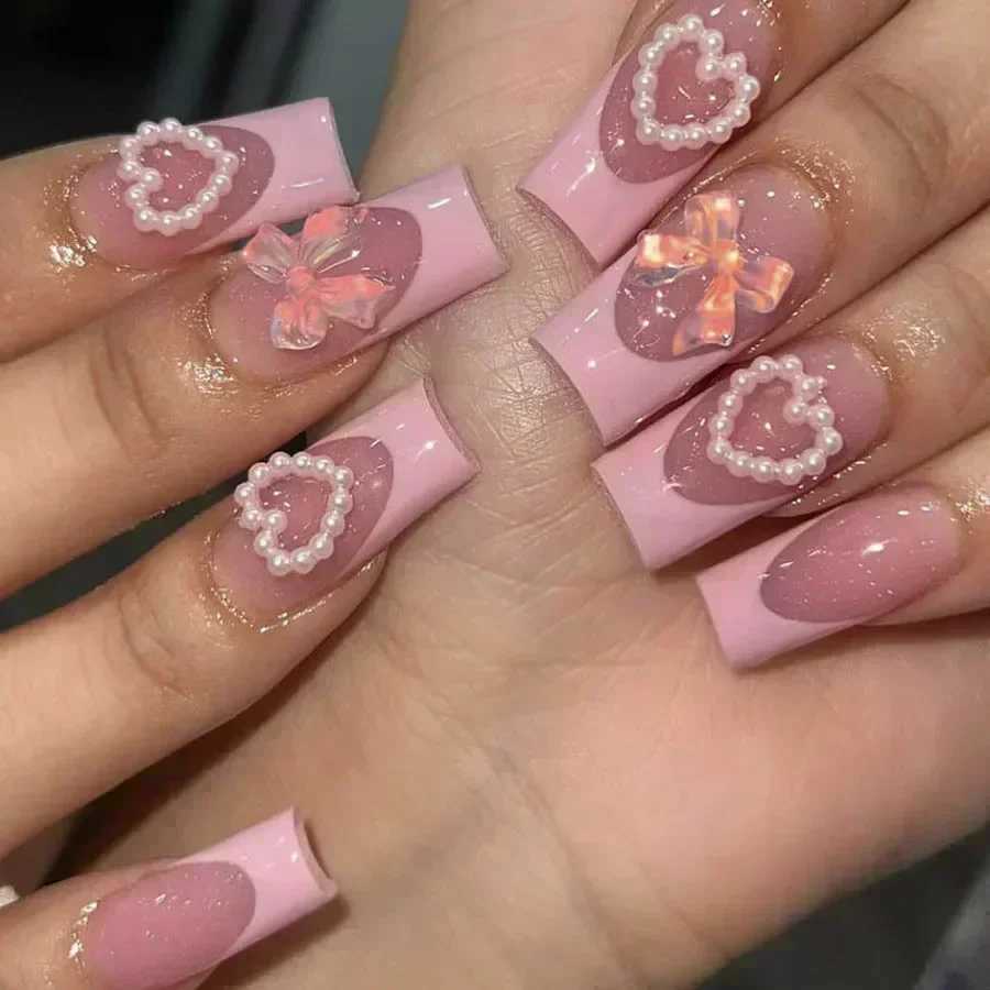 24 pieces of medium length pink leopard fake nails with bow design square shaped nails can be worn with French fake nails complete set of handmade poi