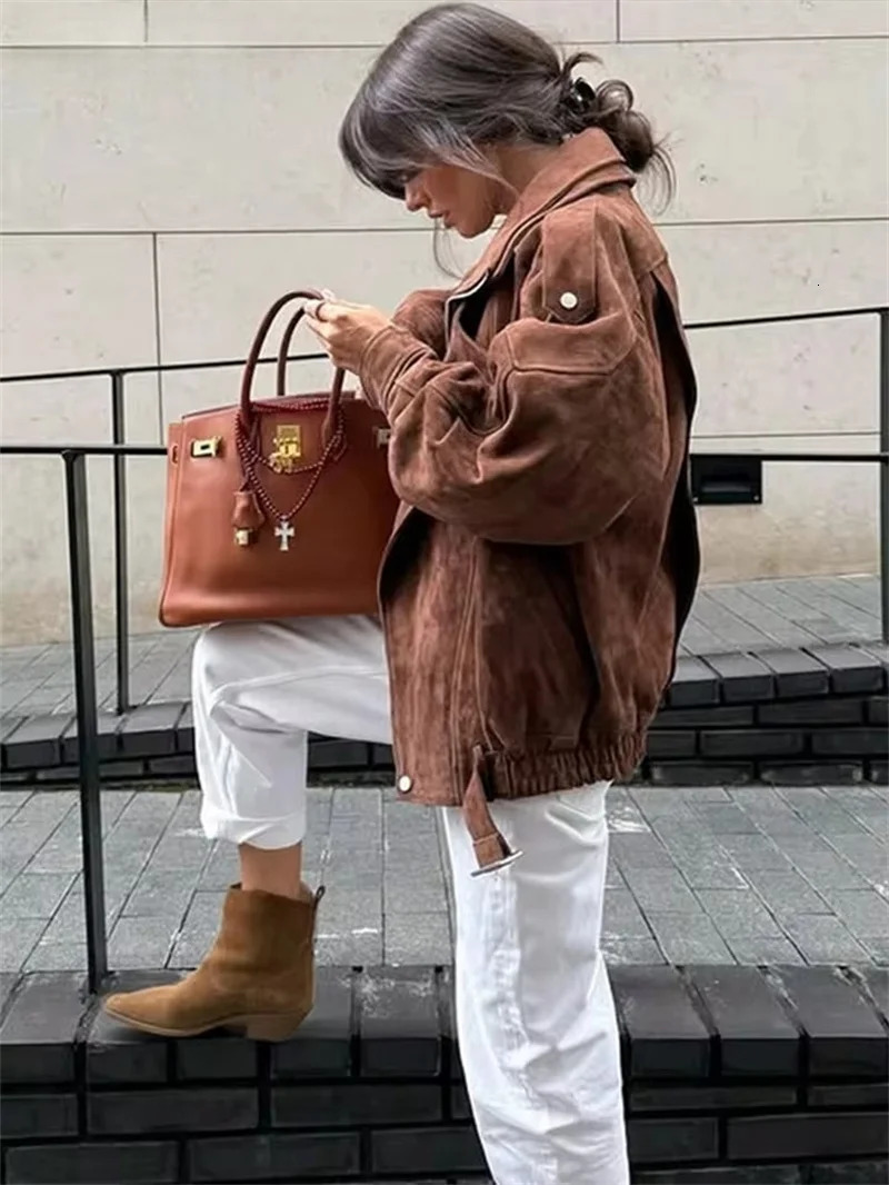 Womens Belt Short Suede Jackets Loose Lapel Long Sleeve Zipper Coats 2025 Spring Lady Vintage Female Outwear Street 251107