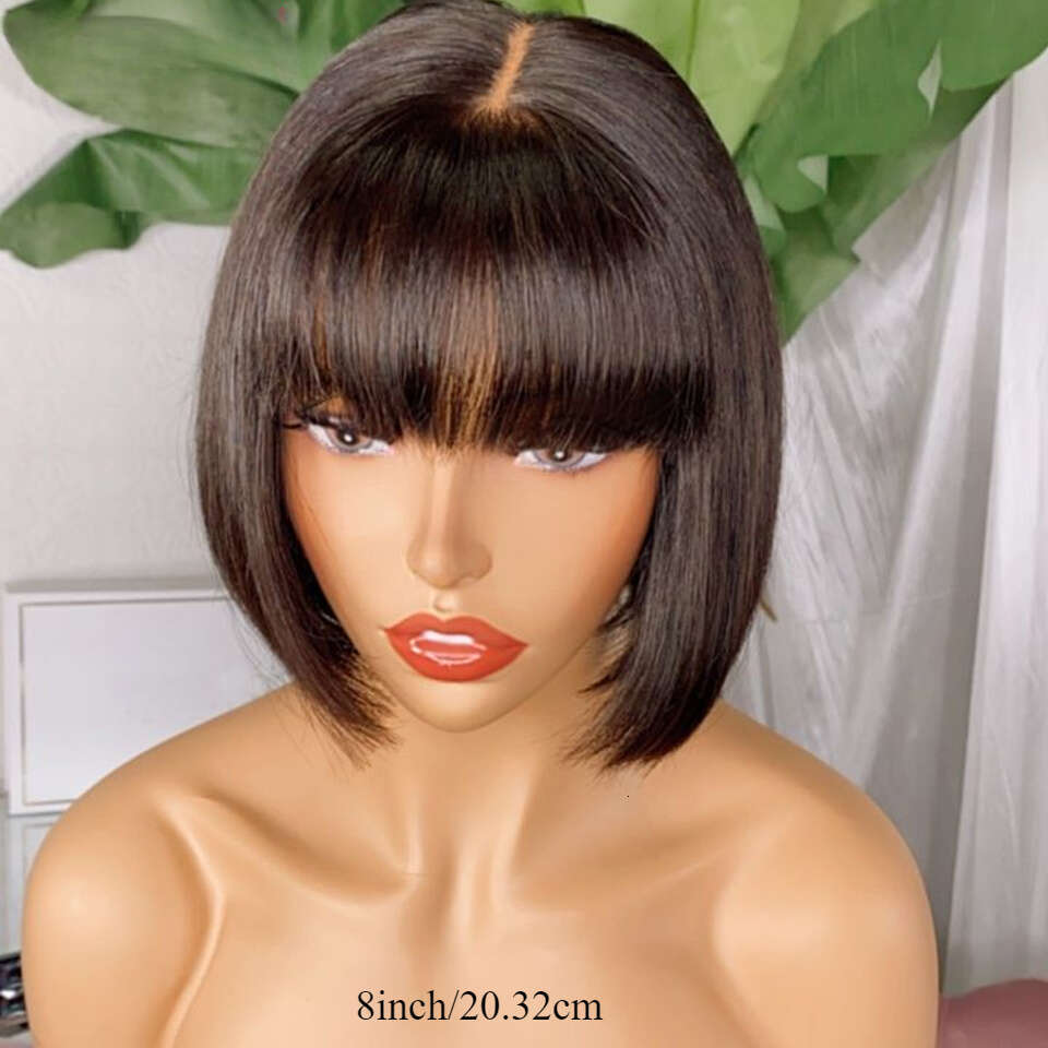 Glueless Short BOB 4X1 Lace Front - Brazilian Remy Human Hair Straight Bob With Bangs Density, No Glue Needed, Easy Wear Instant Wig Women Men | Comfo