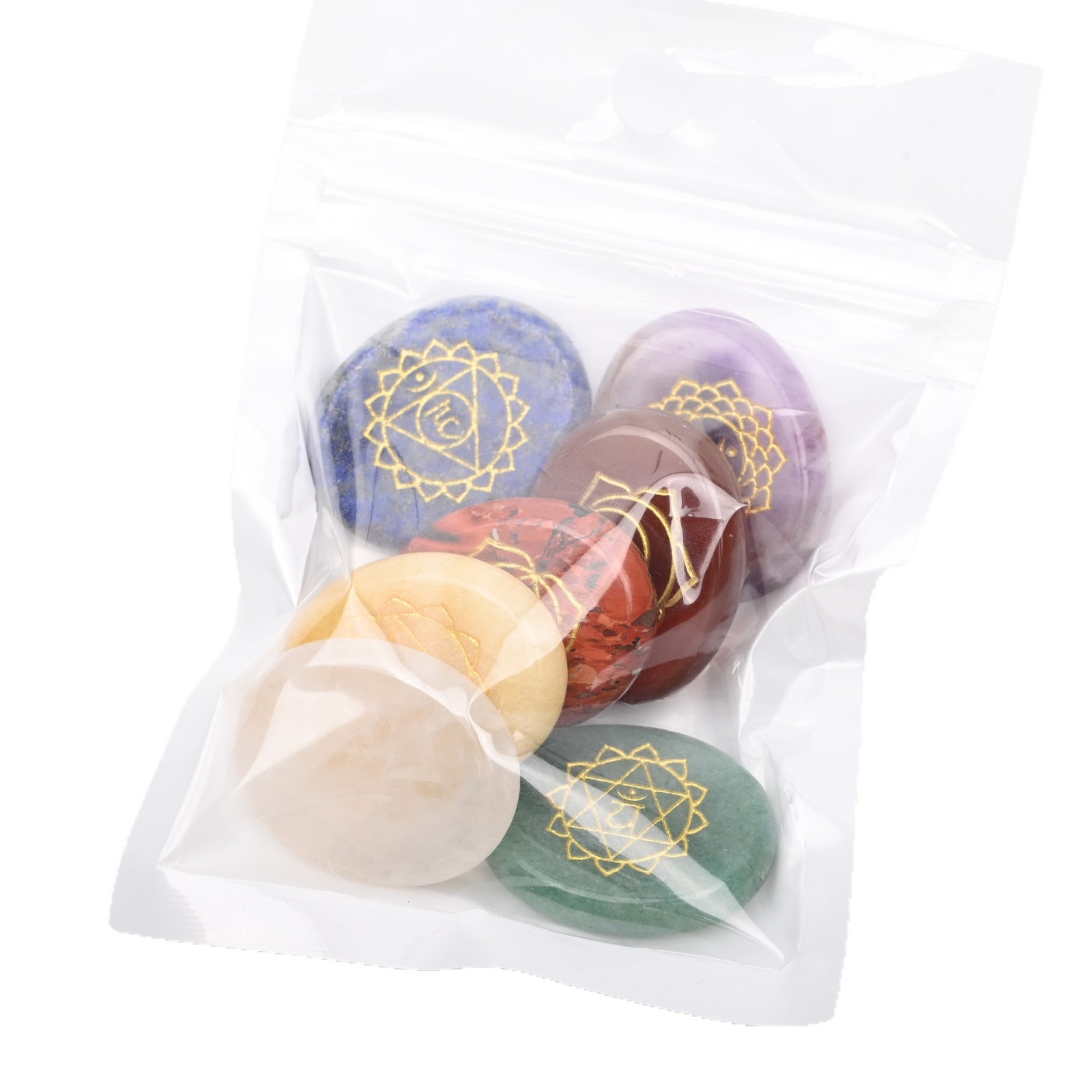 Seven pieces in a group. Colorful natural crystal agate seven-petal stone, elliptical palm-shaped stone, engraved character energy stone.