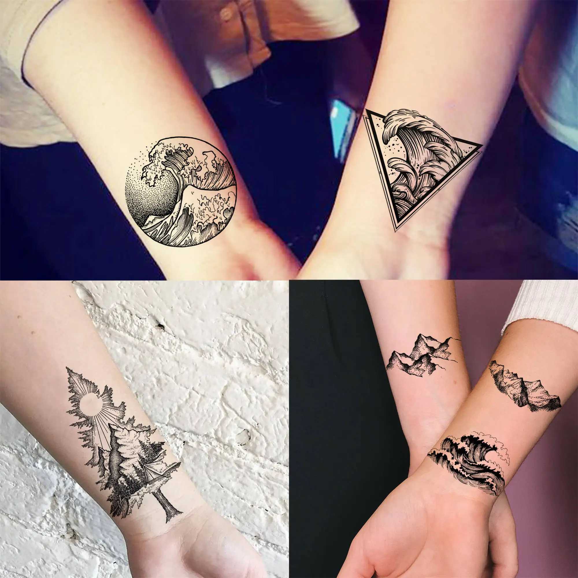 18 temporary tattoos on Mount Geometry suitable for men women adults fake wave tattoo stickers black 3D pine tree tattoos triangles W250410
