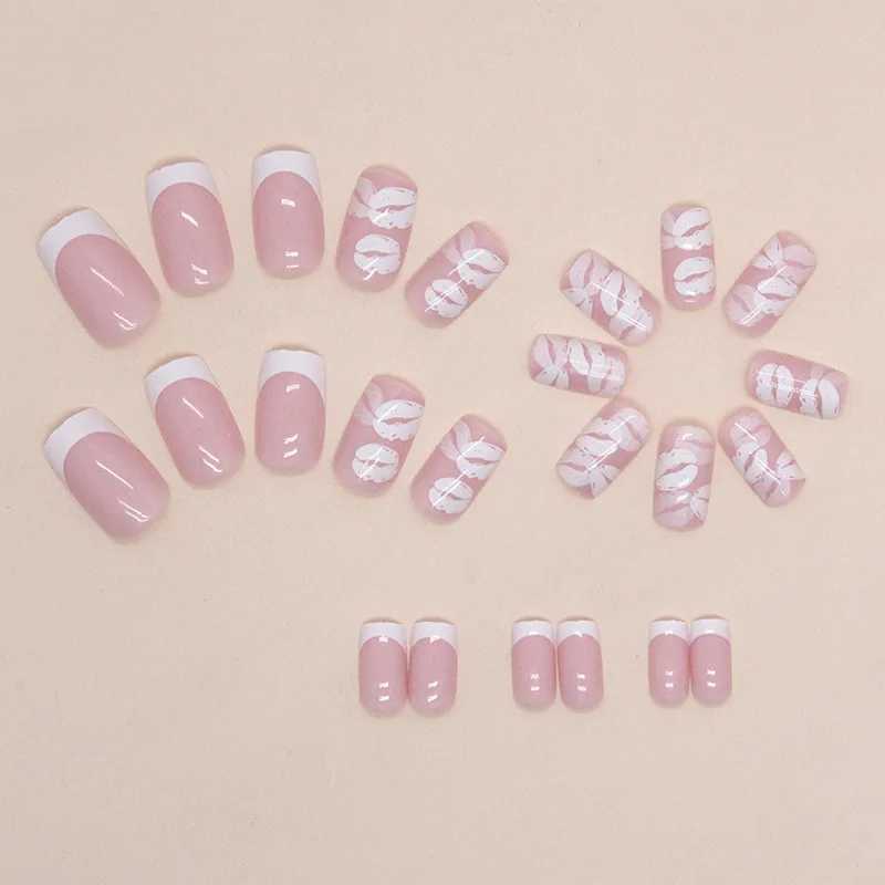 24 pieces of white lips pressed on nails pink gradient fake nails smooth artificial fingers reusable female fake nails W250410