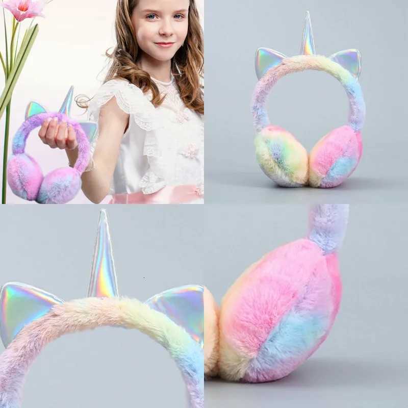 Children Unicorn Warm Earflap Colorful Soft Plush Fluffy Cat Ears Earmuffs Kids Winter Outdoor Cycling Ski Snow Tie-dye Headwear W251110