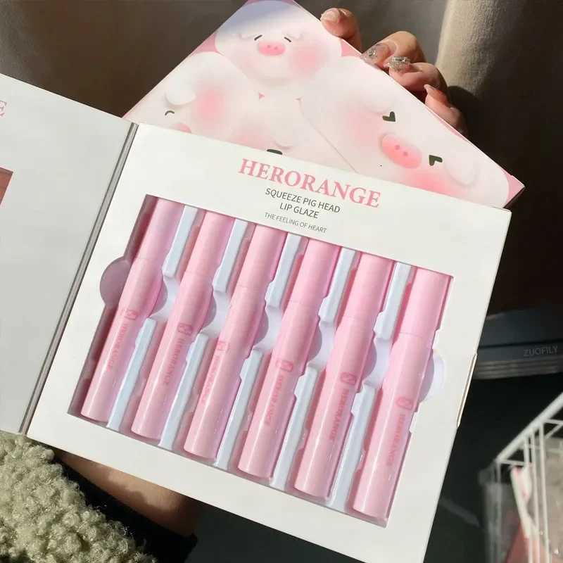 6Pcs Cute Pig Head Lipstick Set Matte Velvet Mist Lip Glaze Waterproof Long Lasting Makeup Not Easy To Fade Lip Gloss CosmeticsT251110