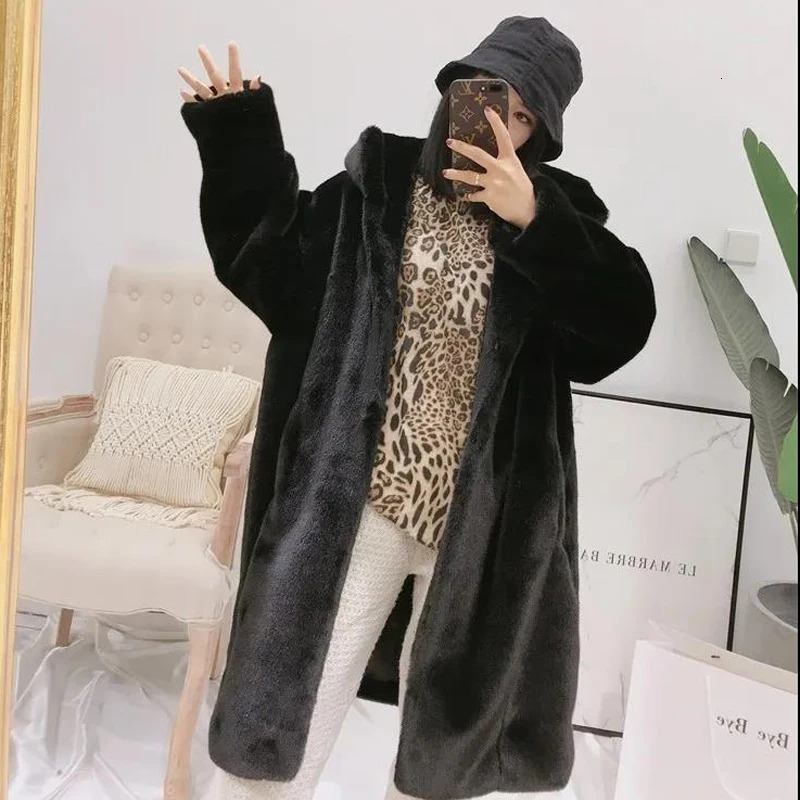Women Winter Faux Fur Coat Hooded Long Coats Thick Warm Female Plush Plus Size Loose OverCoat 251110