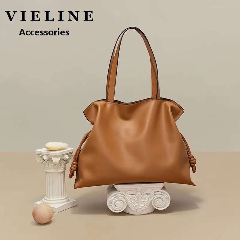 VIEE Women's Fashion Drawstring Tote Genine Leather Ladies New Minimalist Large Pleated Bag Shoulder Handbag
