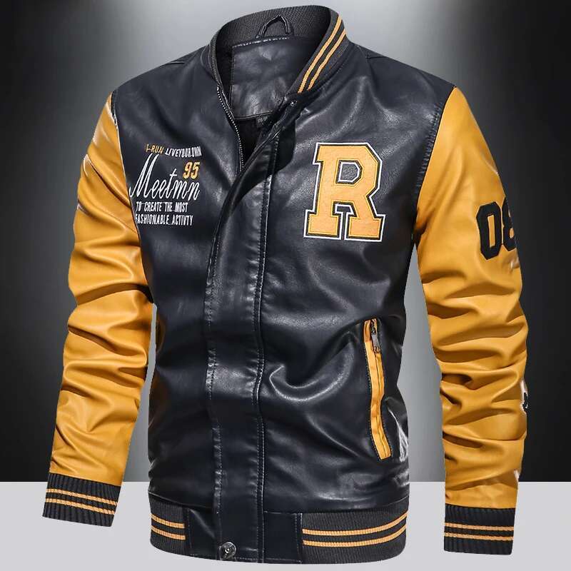 Spring And Autumn Men's Motorcycle Suit Leather Color Blocking American Baseball Collar Pilot Casual PU Leather Jacket
