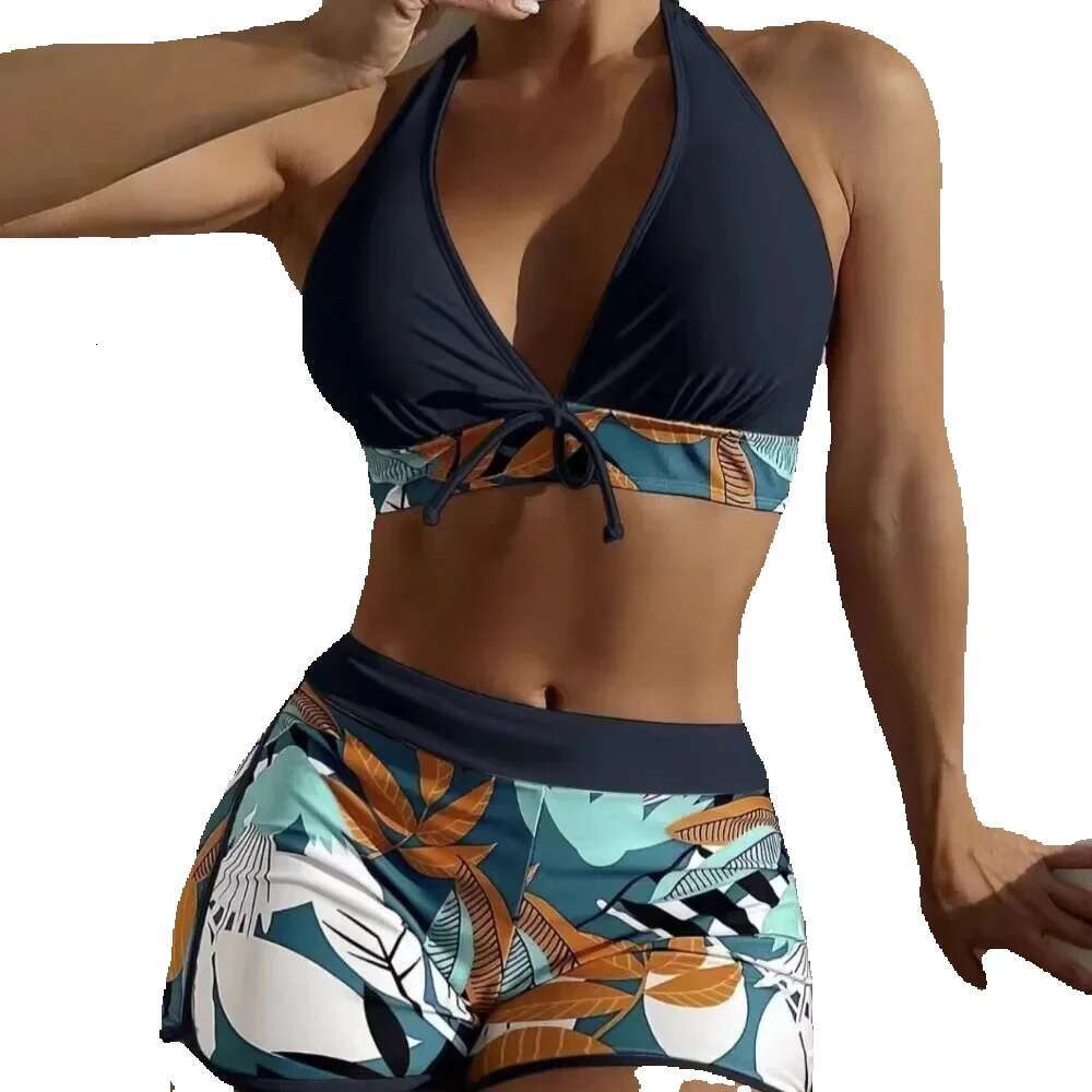 Fashion printed patchwork lace up sports surfing bikini set women's swimsuit