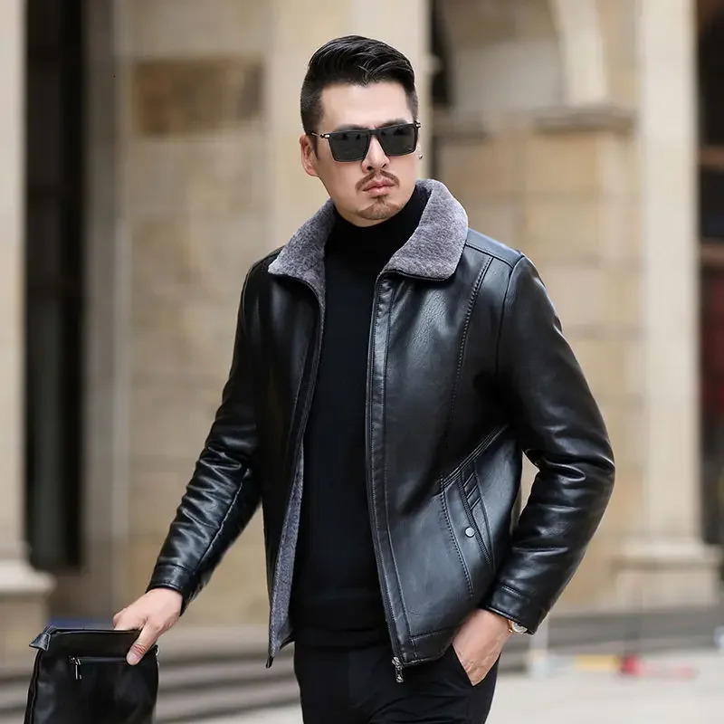 Genuine Leather Jacket For Men Middle-Aged Sheepskin Jacket Man Plus Plush Flip Collar Fur Integrated Jacket Large Size Coat 251105