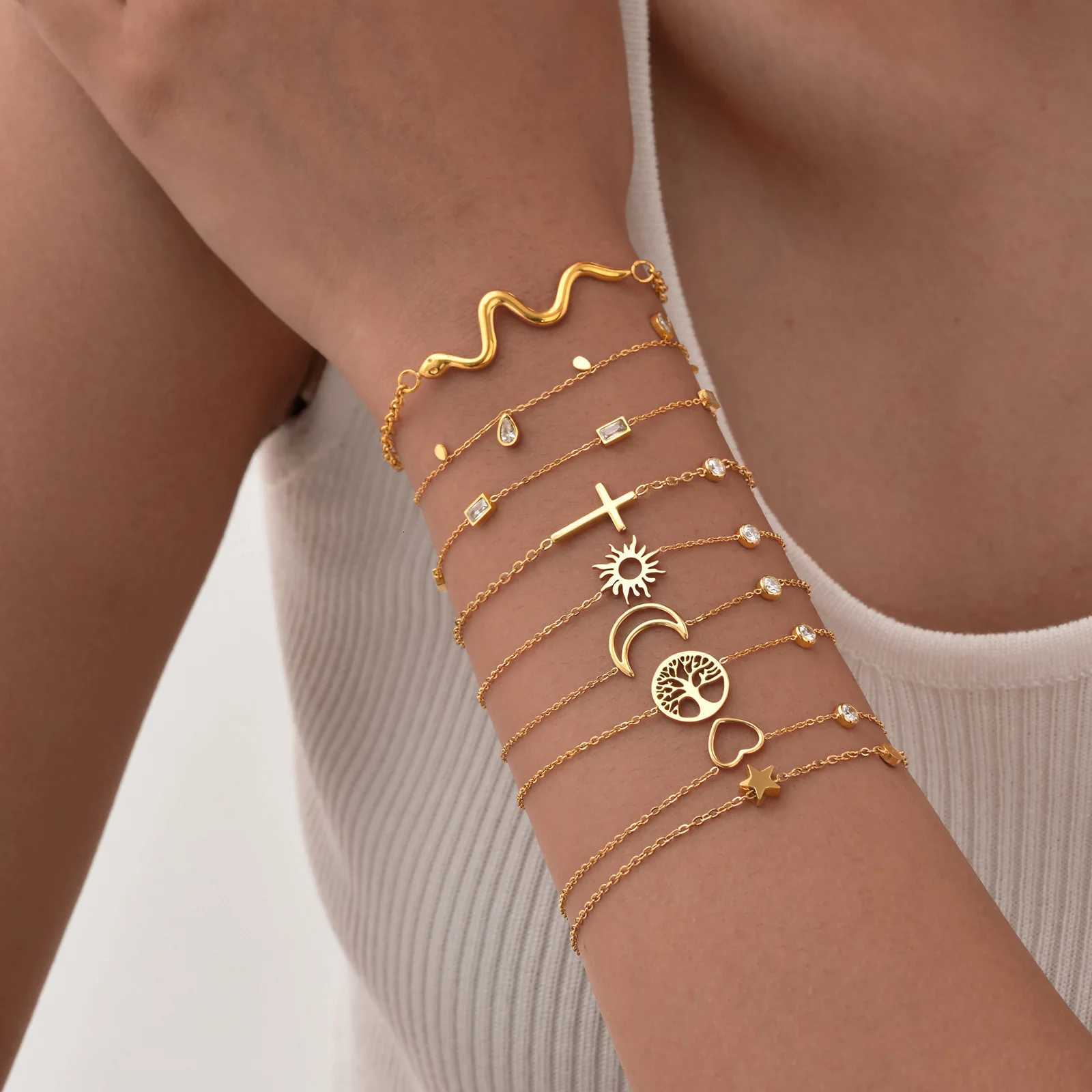 Women Minimalism Thin Chain Cross Crescent Moon Star Bracelet Stainless Steel Female Adjustable Link Stacked LayeredT251110