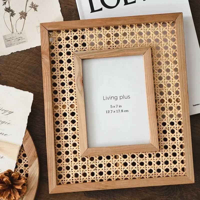5x7 in Boho Picture Frame with Wooden Border Frames for Family Photo Gifts Rattan Wall Decor L251110 H260306