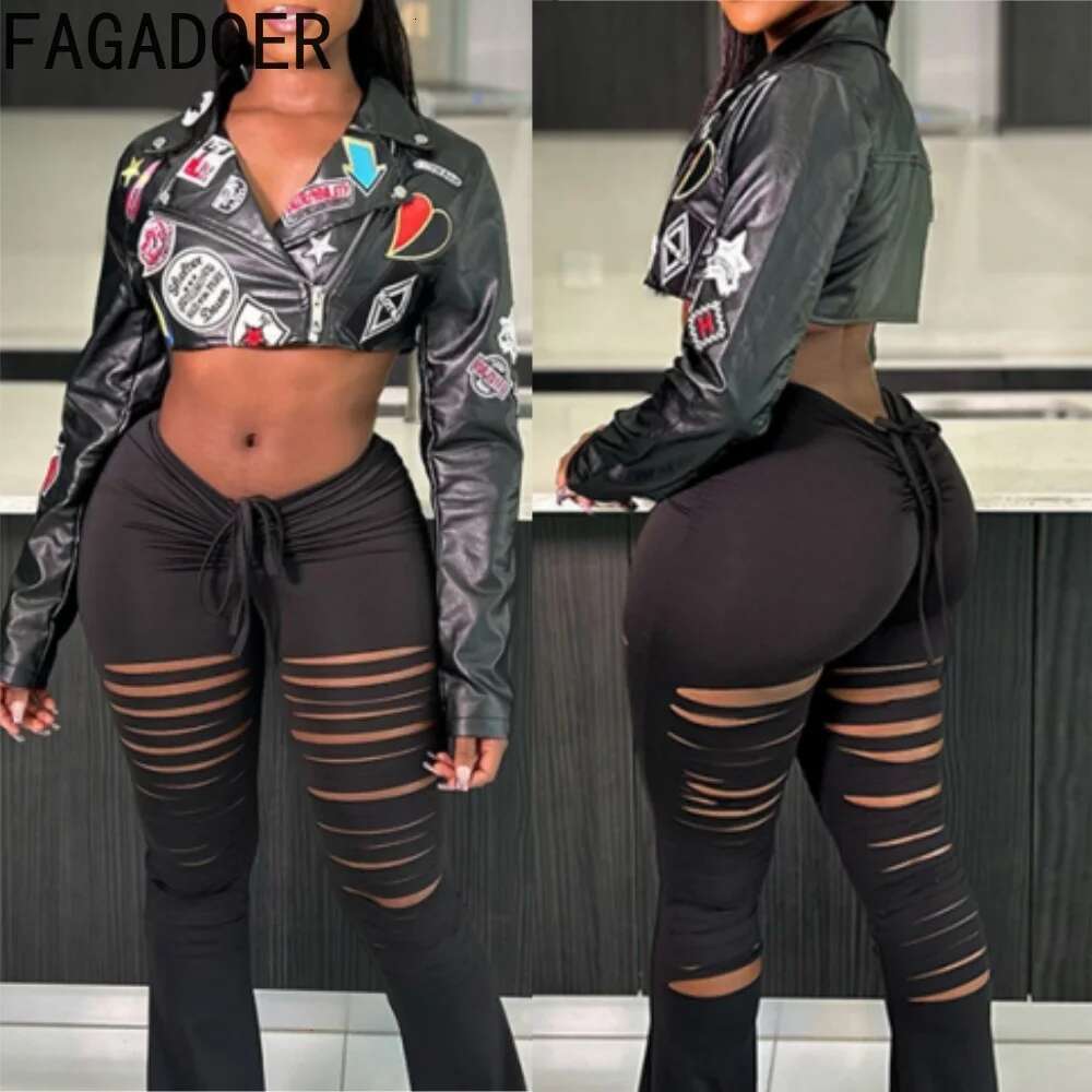 FAGADOER Y2k Punk Gothic Leather Women Cropped Lapel Letter Embroidery Moto Jacket Coat Short Female Streetwear New