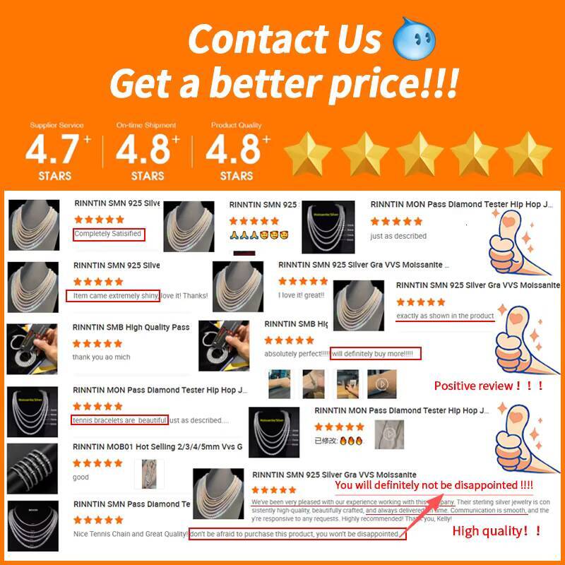 RINNTIN MON Pass Diamond Tester Hip Hop Jewelry 20mm 3mm 4mm VVS Moissanite Diamond 925 Silver Iced Out Tennis Chain Necklaces