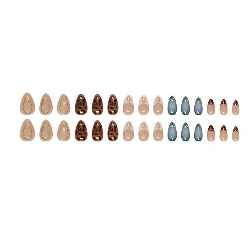 24 leopard print printing machines brown French fake nail patches 3D gold powder design Korean wearable fake nail patches W250410