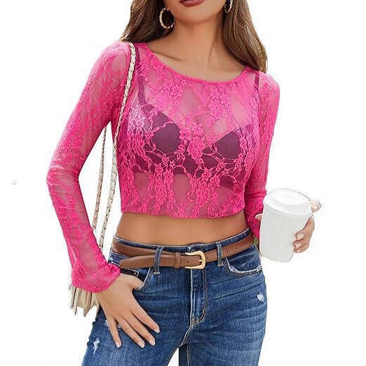 Cross-Border Amazon New Lace Top See-Through Hollow Long Sleeve Round Neck Thin Shirt Mesh Short Style