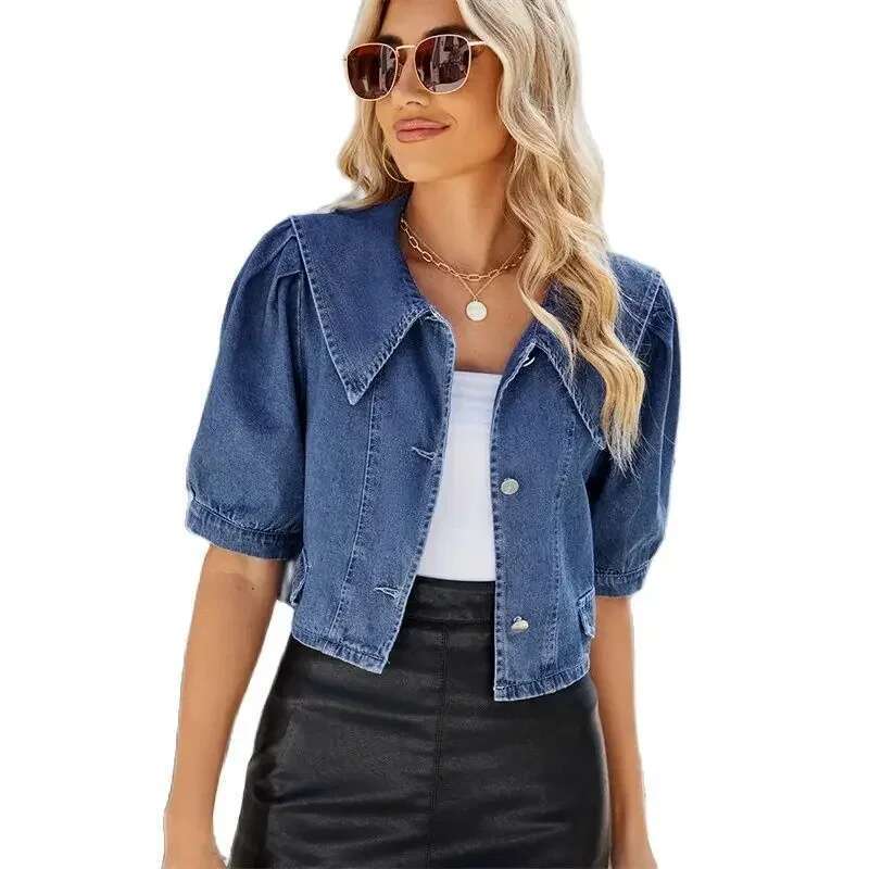 Women Sailor Neck Short Denim Jacket Summer Bubble Short-Sleeve Outerwear Single-Breasted Cardigan Coat Female Casual Streetwear