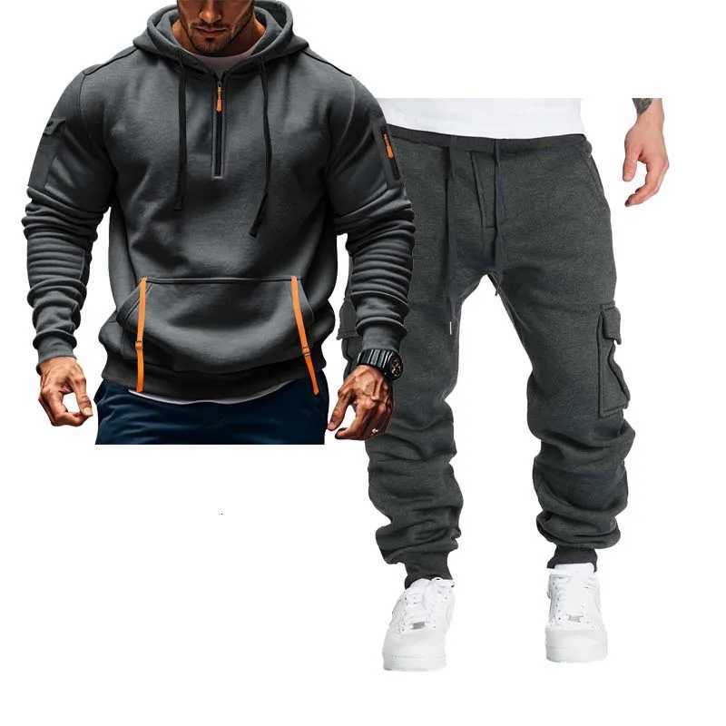 Mens sports set autumn and winter sports suit trendy jacket long sleeved long pants hooded casual sports mens suit W251110