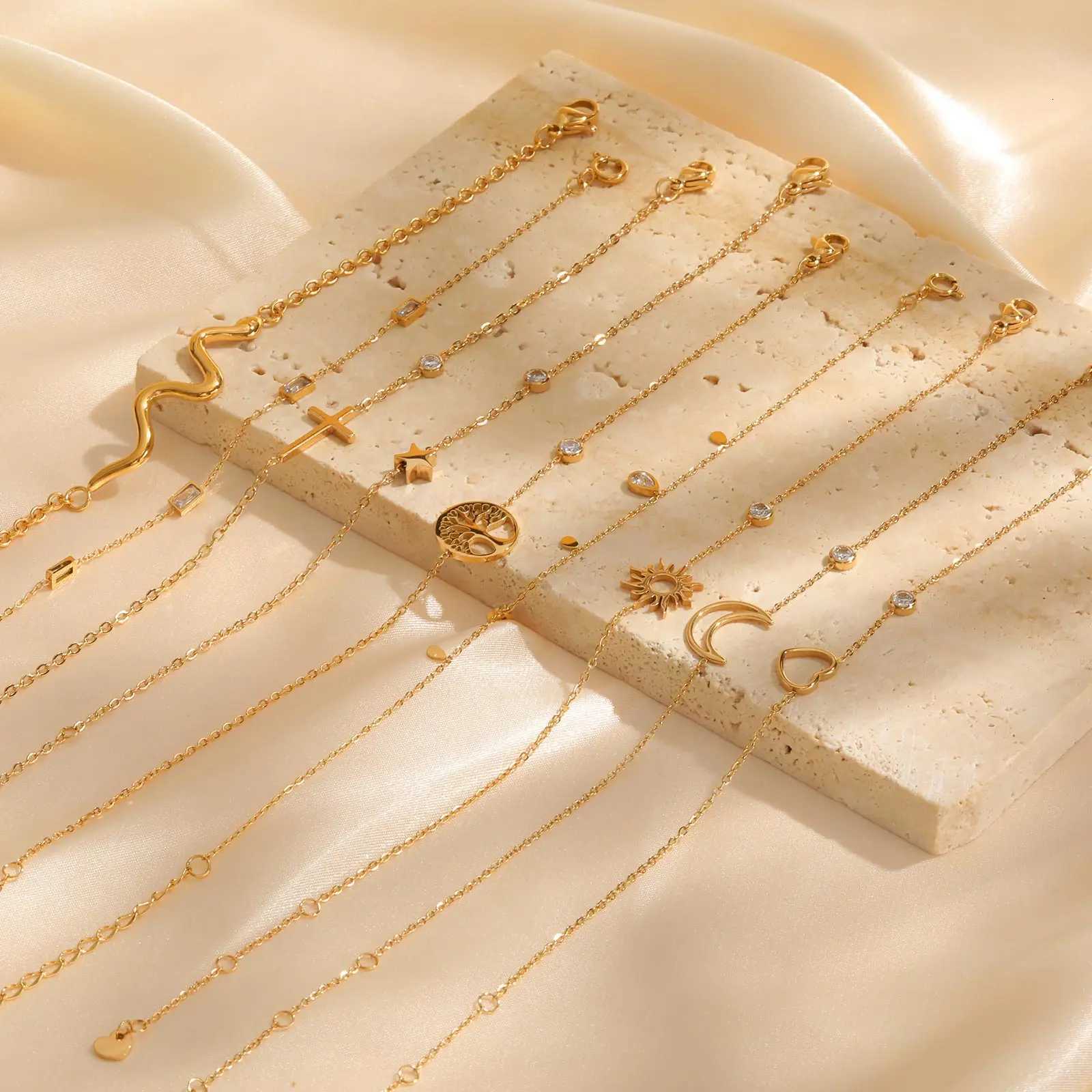 Women Minimalism Thin Chain Cross Crescent Moon Star Bracelet Stainless Steel Female Adjustable Link Stacked LayeredT251110