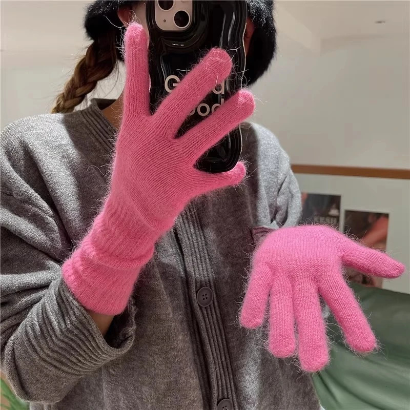 Solid Color Five-fingered Gloves Autumn Winter Warm Gloves Extended Elbow INS Style Fashion Girls Gloves Rabbit Fur Knitted 251106