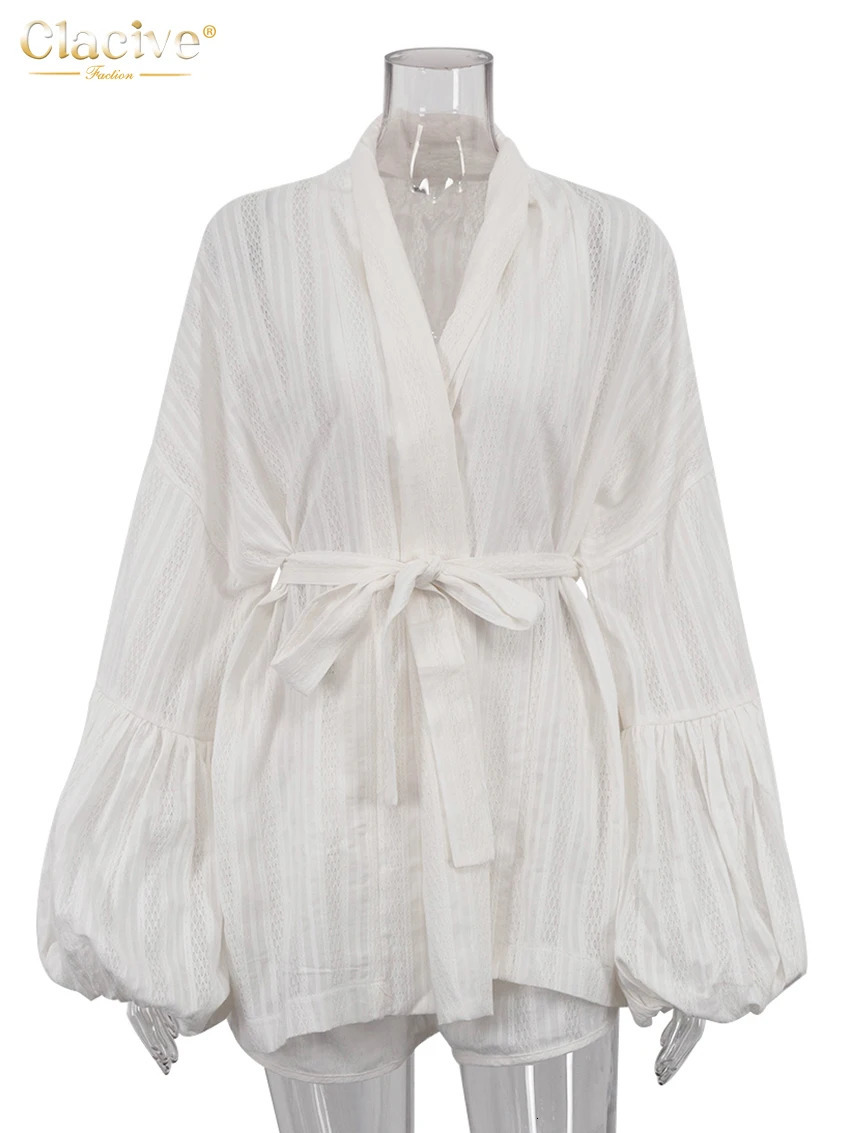 Clacive Fashion Loose White Cotton Set Womens 2-piece Elegant Puff Hoodie Womens High Waist Shorts Set 250409