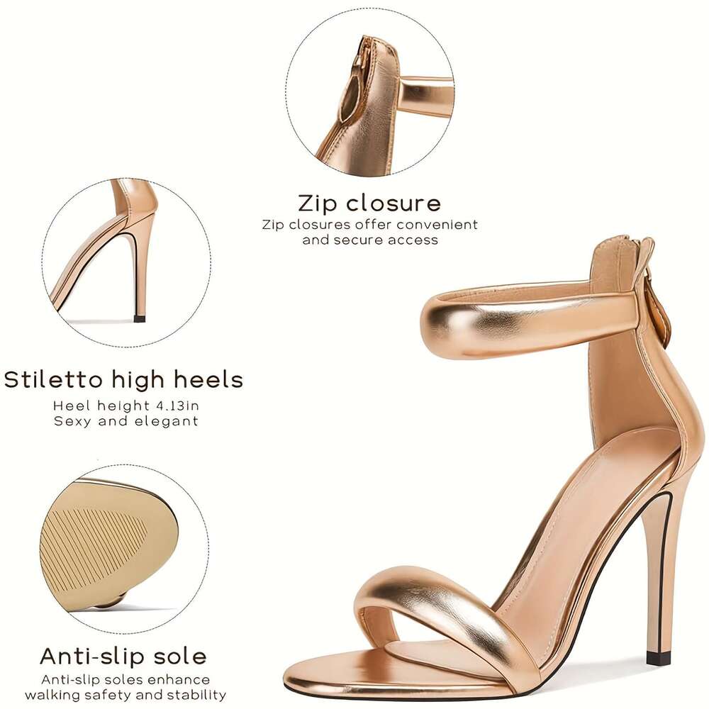 Women's Stiletto With Ankle Strap, Back Zipper, And Round Open Toe. Sexy Heeled Sandals Perfect For Proms Or Parties.