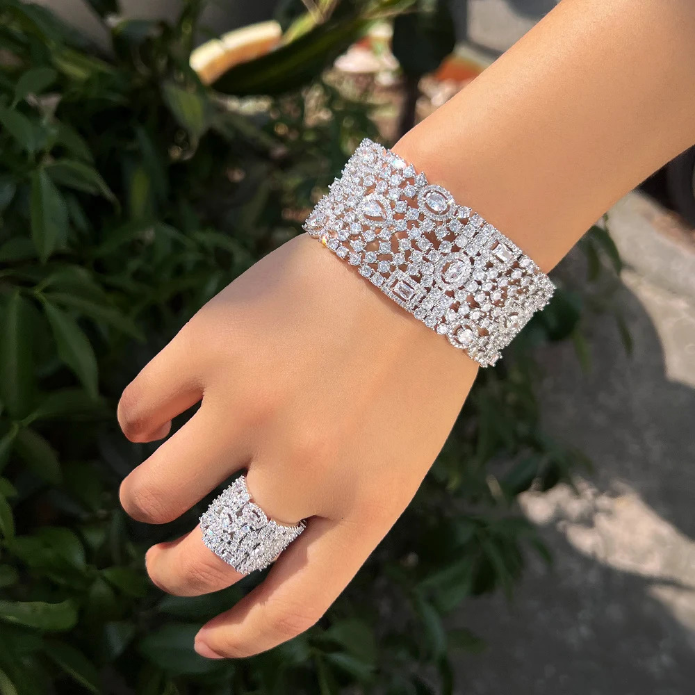 CWWZircons Chunky Cubic Zirconia Inlay Wide Big Open Cuff Bangle and Ring Dubai Wedding Bridal Party Jewelry Sets T749 250409