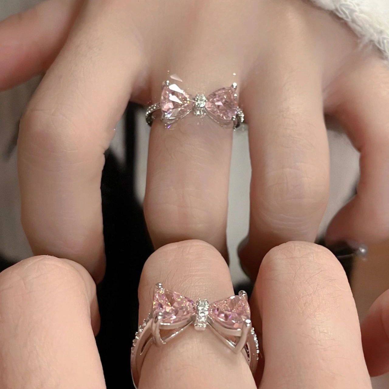 Sweet Girl Pink Zircon Bowknot Ring For Women, Fashion Ring Open Designer Ring Adjustable High-end Feel Ring, Cute And Exquisite Niche Design