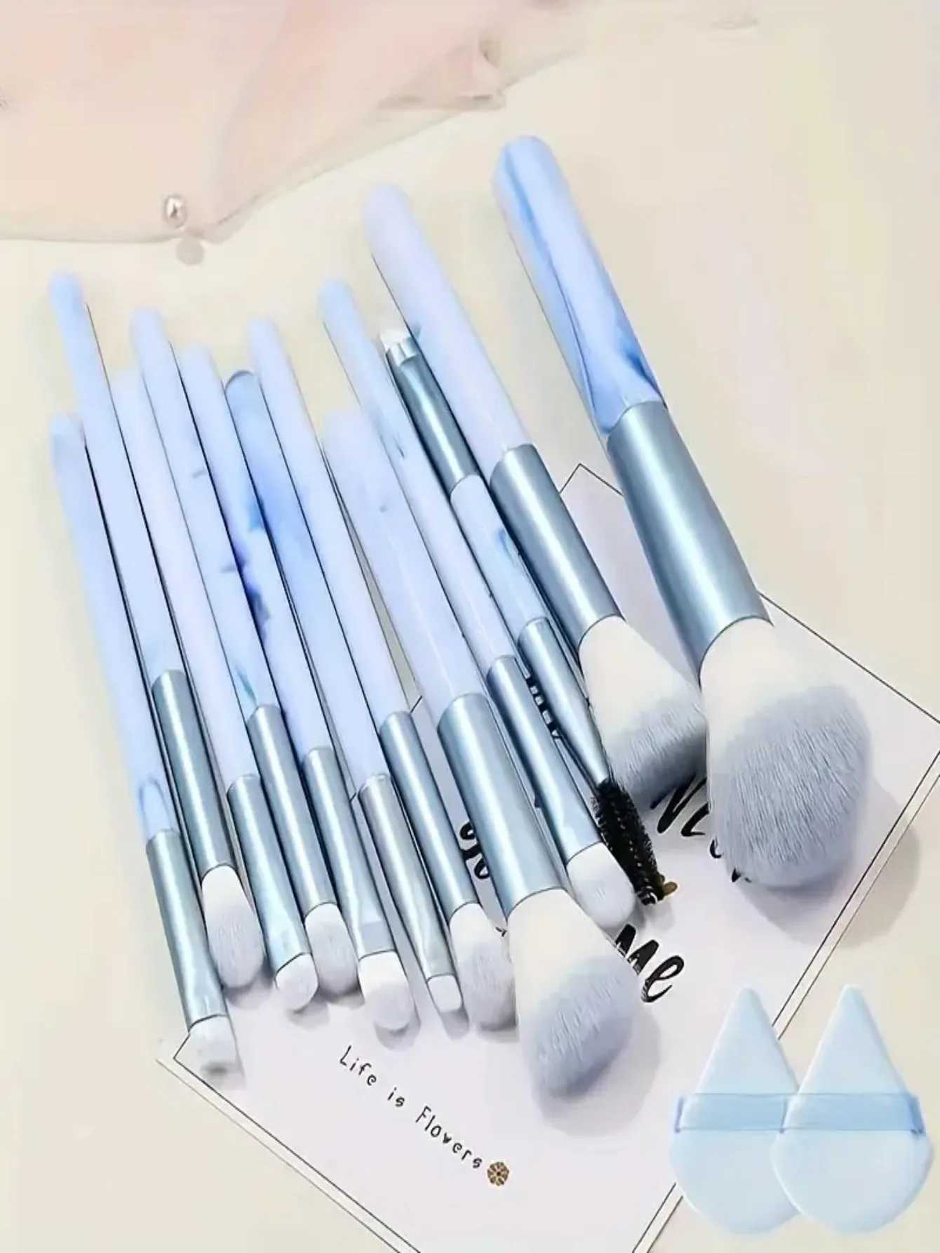 10/12-Piece Blue Makeup Brush Set - Powder Puff Cleaning Pad - Synthetic Brushes for Powder Blush L251110