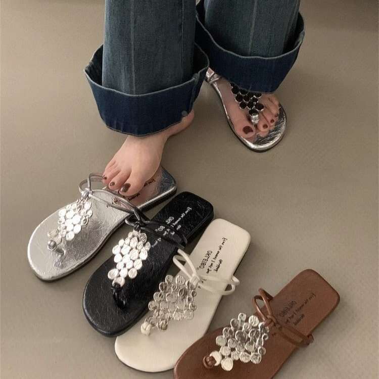 Woman Sandals Summer New Sequined Women Metal Low Heel Flat Roman Sandals Square Toe Flip Flops For Women