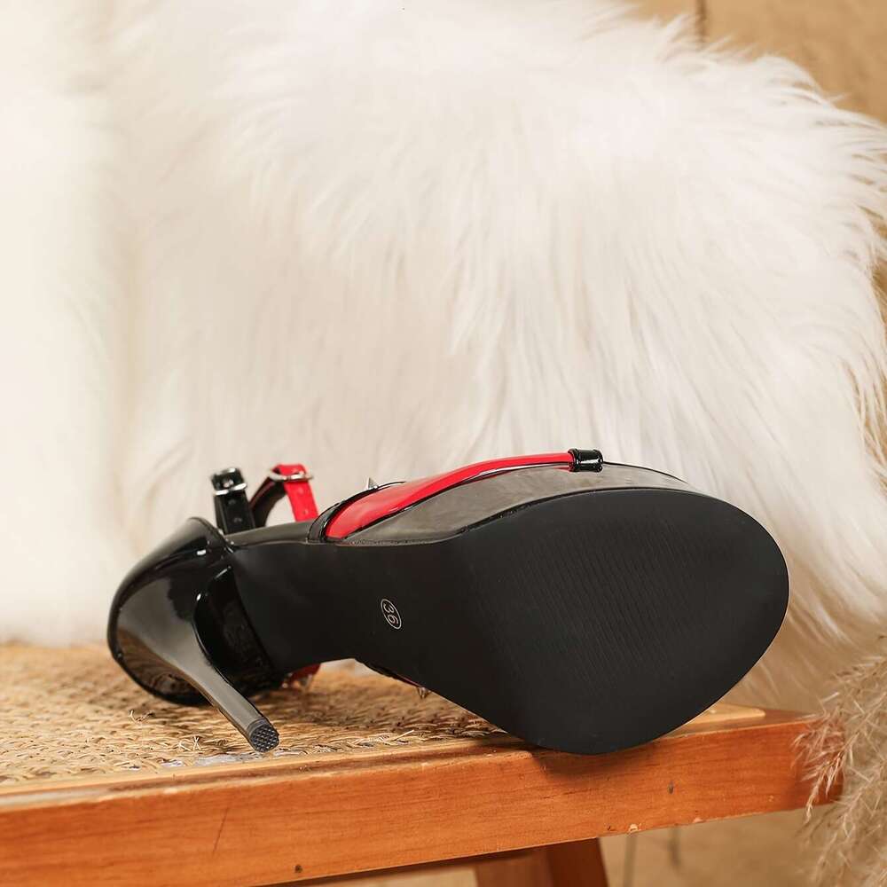 Kissxuanyan 996-238 Black Red Strappy High With Bow Accent - 16Cm Stiletto, Open Toe, Buckle Closure, Synthetic Upper & Insole, Rubber Sole, All-Seaso