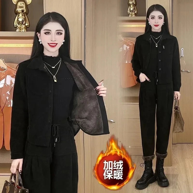 Autumn Winter Womens Corduroy Casual Suit Fashion Add Velvet Short Coat Jacket Elastic Waist Pants 2 Piece Sets Female Outfit 251110