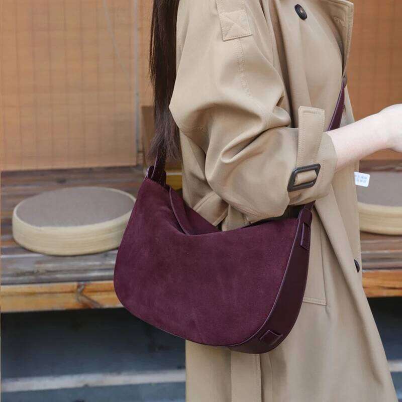 Burminsa Suede Genuine Leather Hobo Shoulder Bags For Women 2025 Luxury Designer Crescent Crossbody Purses Work Ladies Handbags