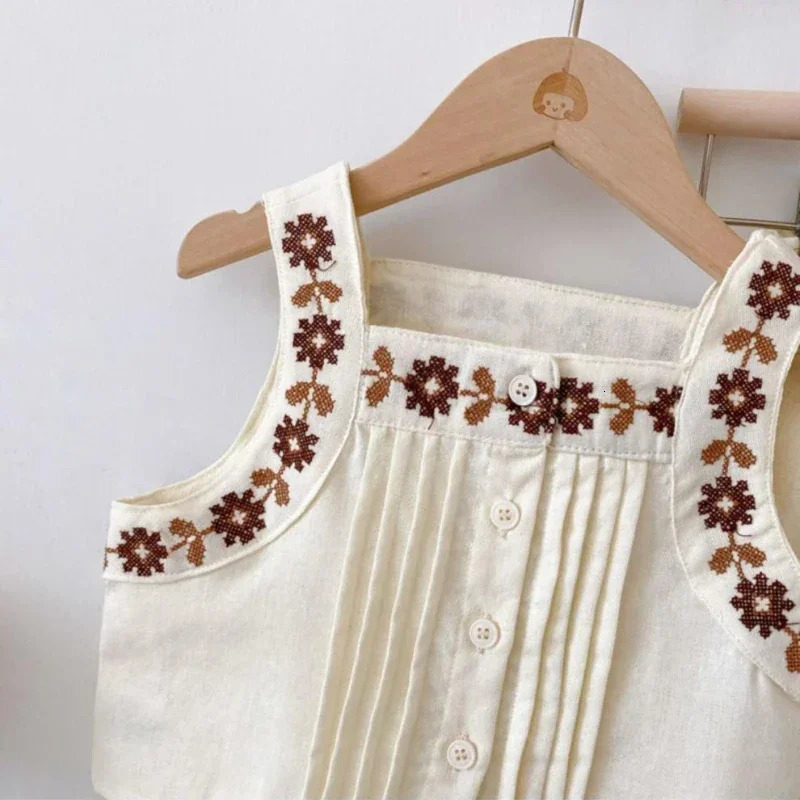 Girls clothing set summer solid color linen cotton spaghetti shoulder strap embroidery top wide leg pants 2PCS set with pants 2-7Y 250409