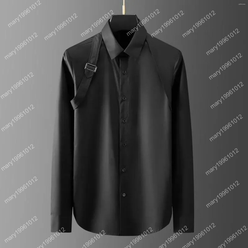 Formal Cotton Male Metal Buckle Long Sleeve Casual Mens Dress Fashion Slim Fit Party Solid Color Man Shirts