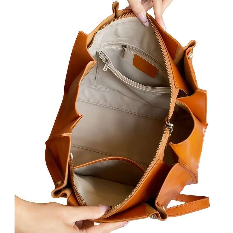 Women's Large Capacity Genuine Leather Tote Bag With Elegant Multi-Compartment Handheld Shoulder Bag, Golden-Tone Hardware & Zipper Closure, Adju