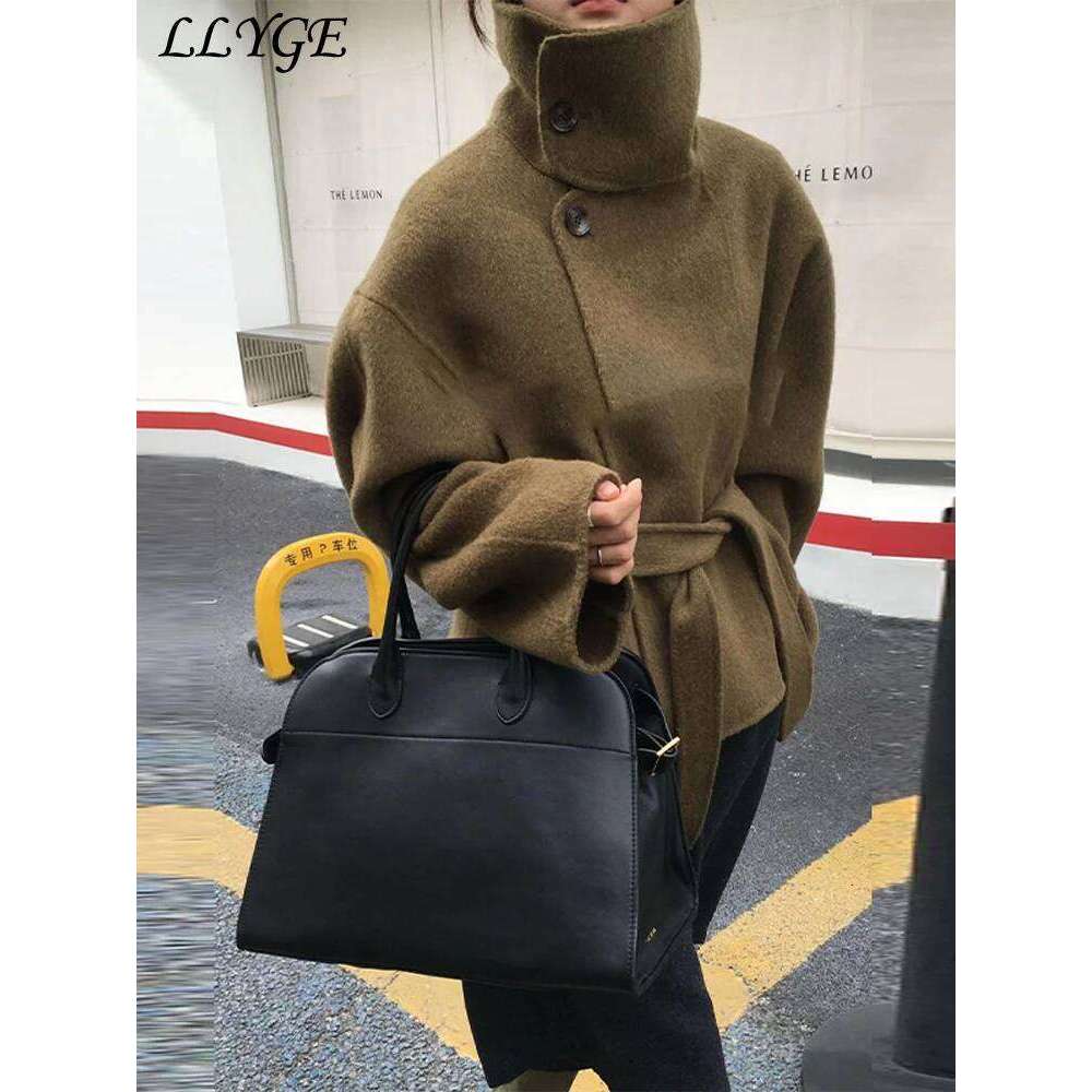 Street Women's Belt Stand Collar Woolen Coats Chic Single Breasted Full Sleeve Jacket 2025 Autumn Winter Lady Commute Outwear